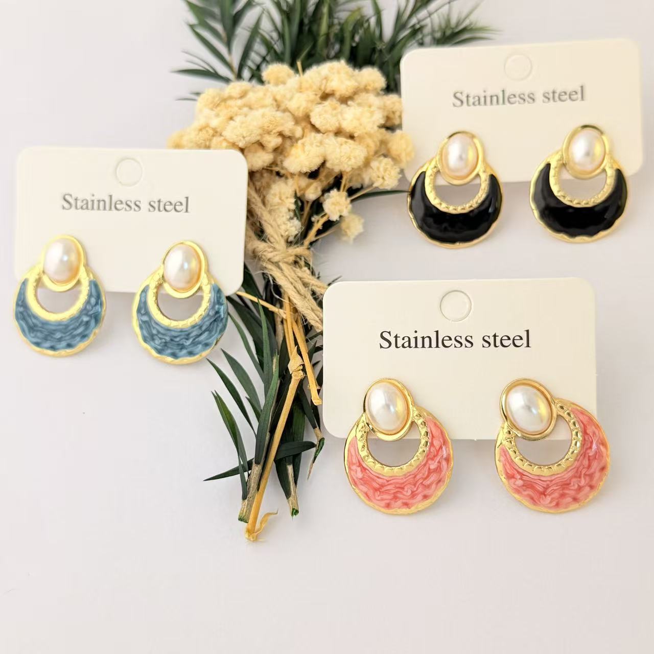 Wholesale Dripping Glaze Stainless Steel Earrings Minimalist Fan-Shaped Fashion Jewelry Accessory for Women
