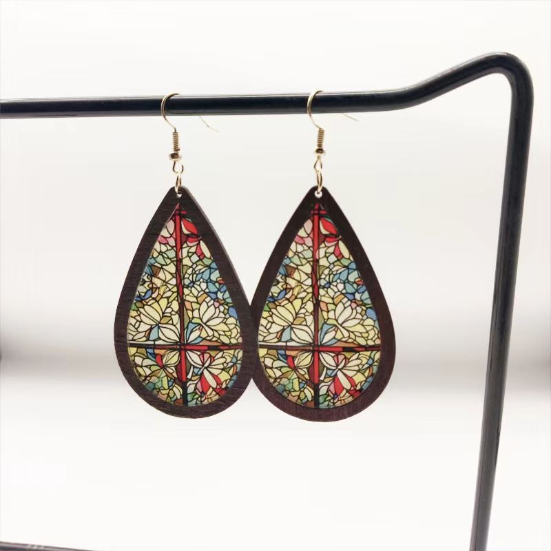 Wholesale teardrop shaped inlaid acrylic church color print earrings