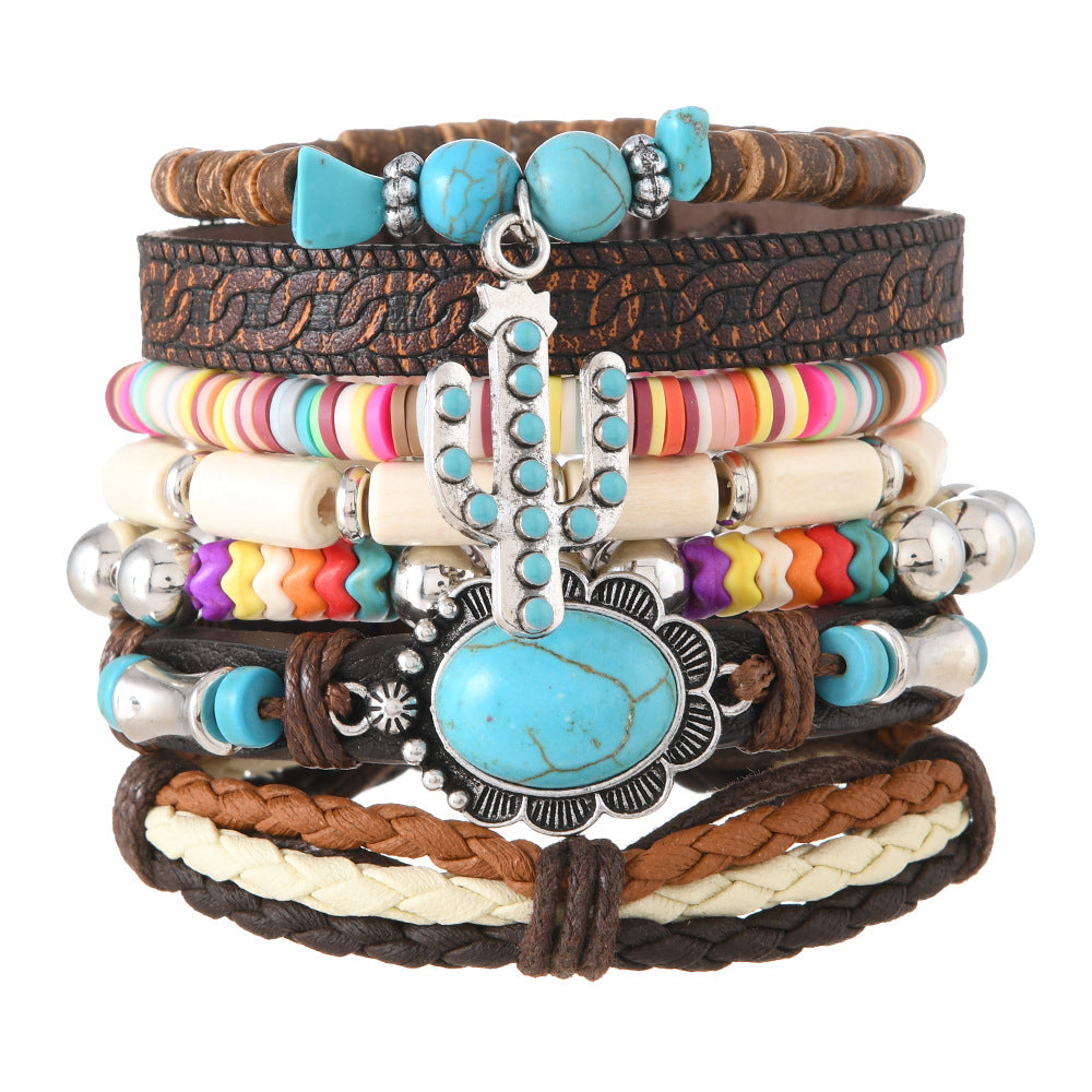 Wholesale Bohemian Style Women' s Cactus Leather Bracelet Cross-Border Jewelry New Mori Style Beaded Set Bracelet