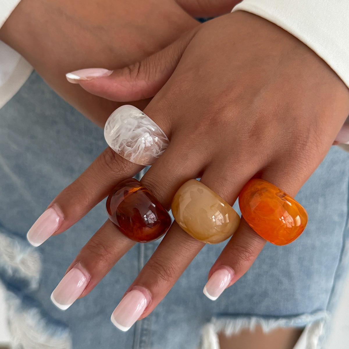 Wholesale Stylish Resin Stackable Ring Amber Gradient Ice Effect Curved Wide Band For Women