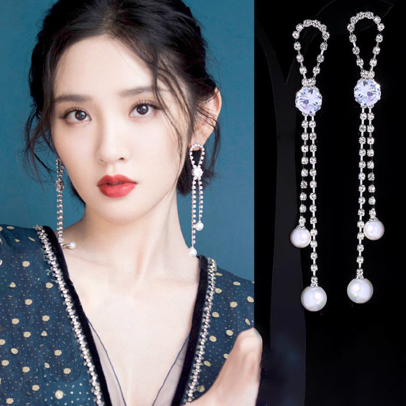 Wholesale Zircon Pearl Tassel Earrings
