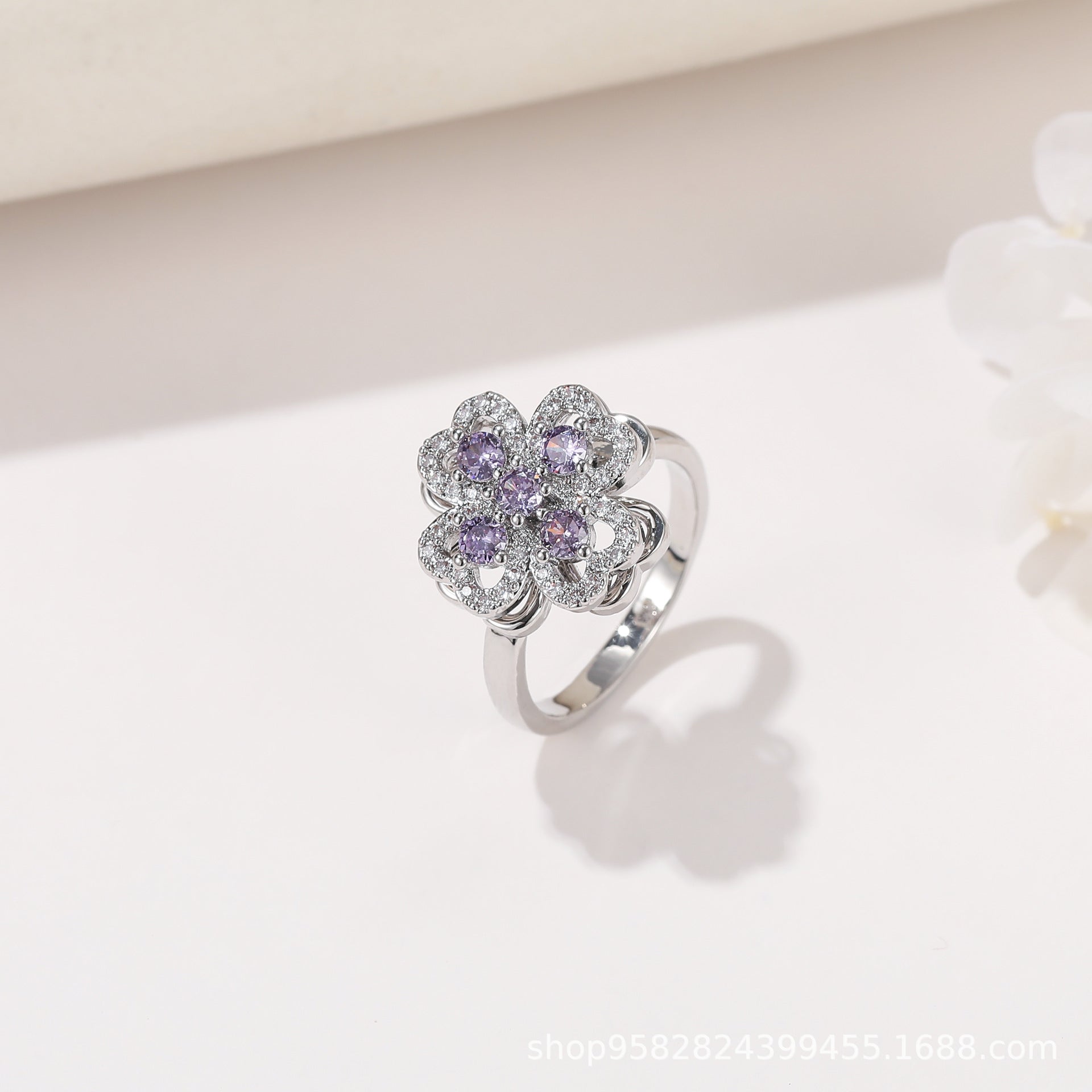 Wholesale 360° Rotating Double-Layer Flower Ring Gold Plated Zircon Fashion Accessory Boutique Gift