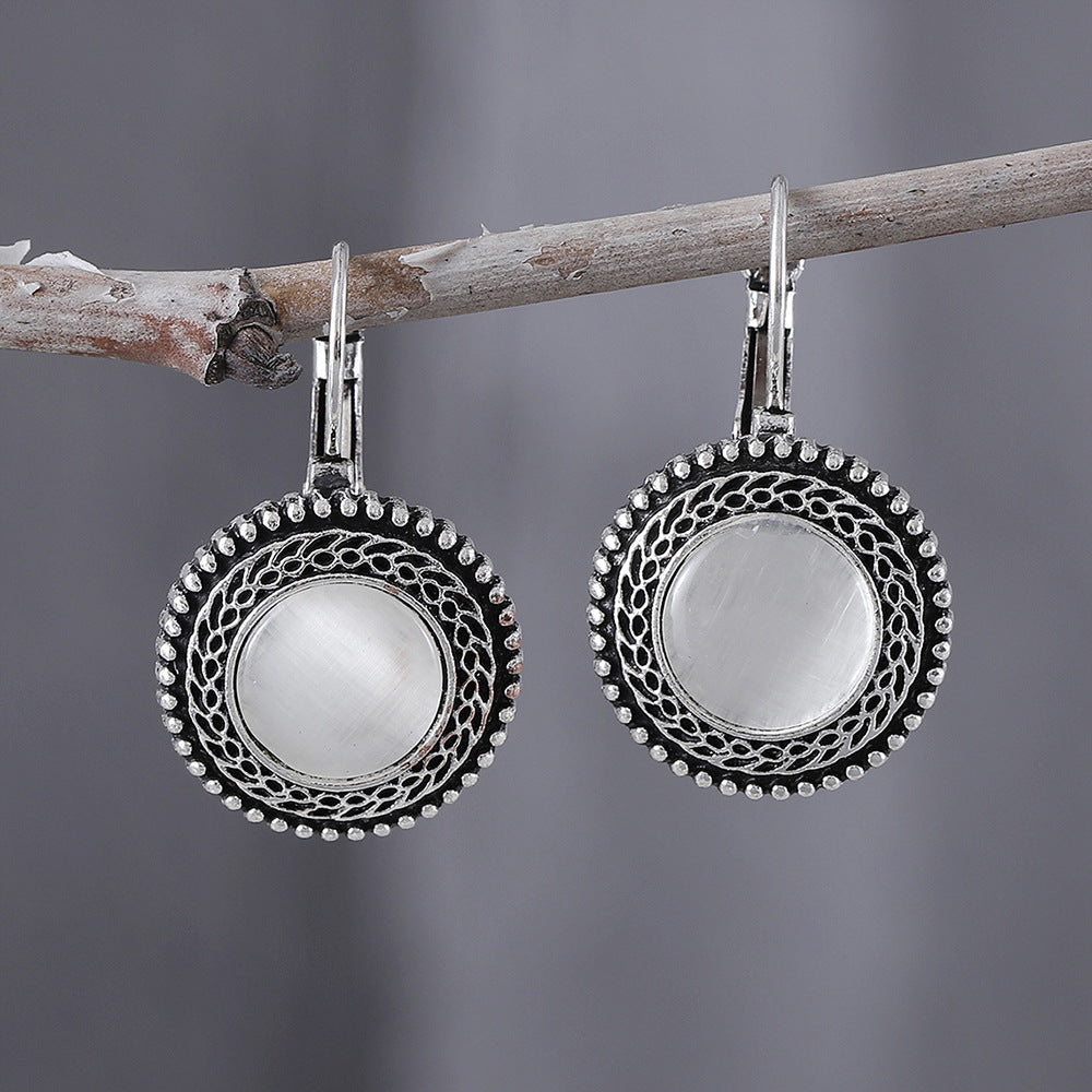 Wholesale Bohemian Retro Oval Jeweled Earrings Blue Electroplated Zinc Alloy Pair Trendy Party Gift And Boutique Resale Accessory