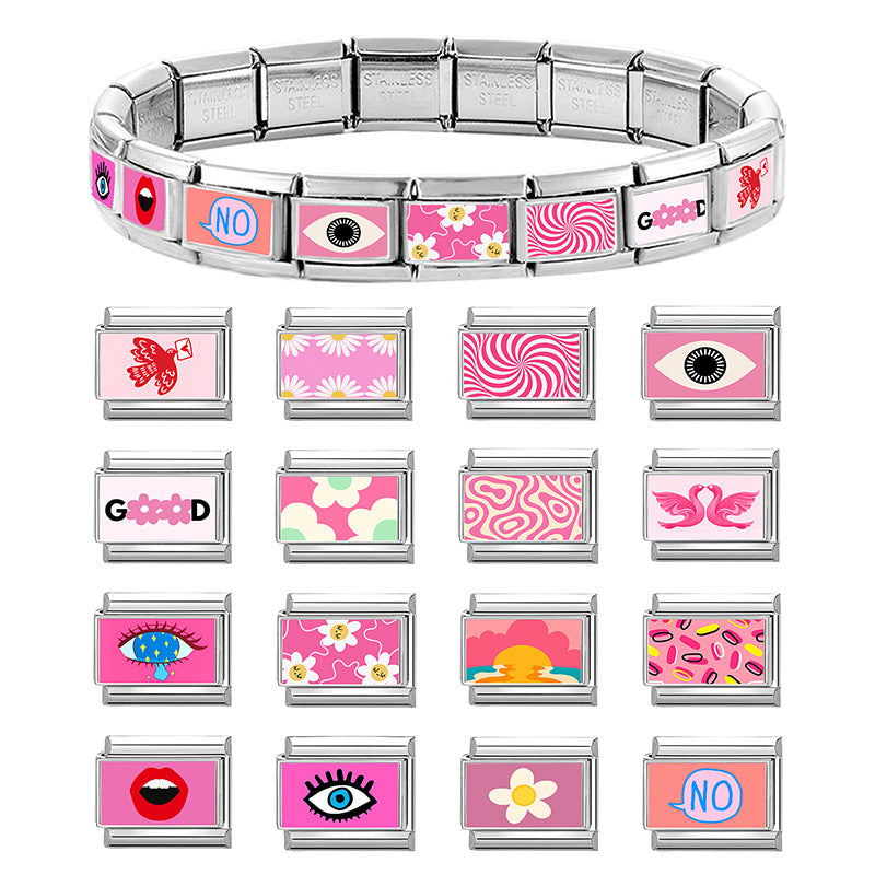 Wholesale Pink series flower  DIY  Single Section Creative Stainless Steel Composable Bracelet