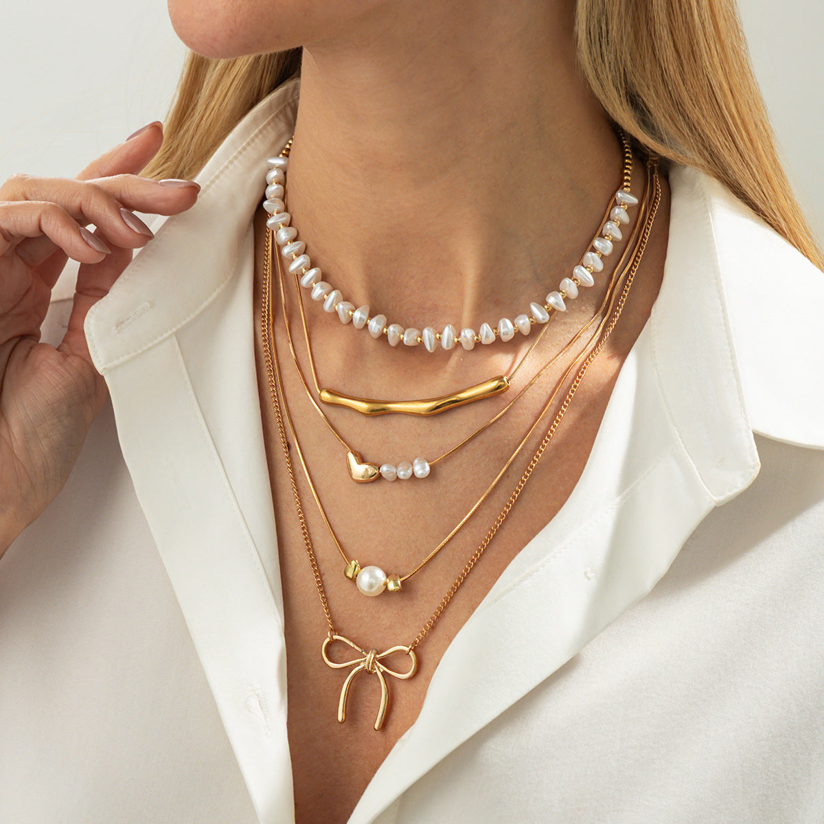 Wholesale  Beaded Stacked Heart Bow Elbow Clavicle Chain Necklace