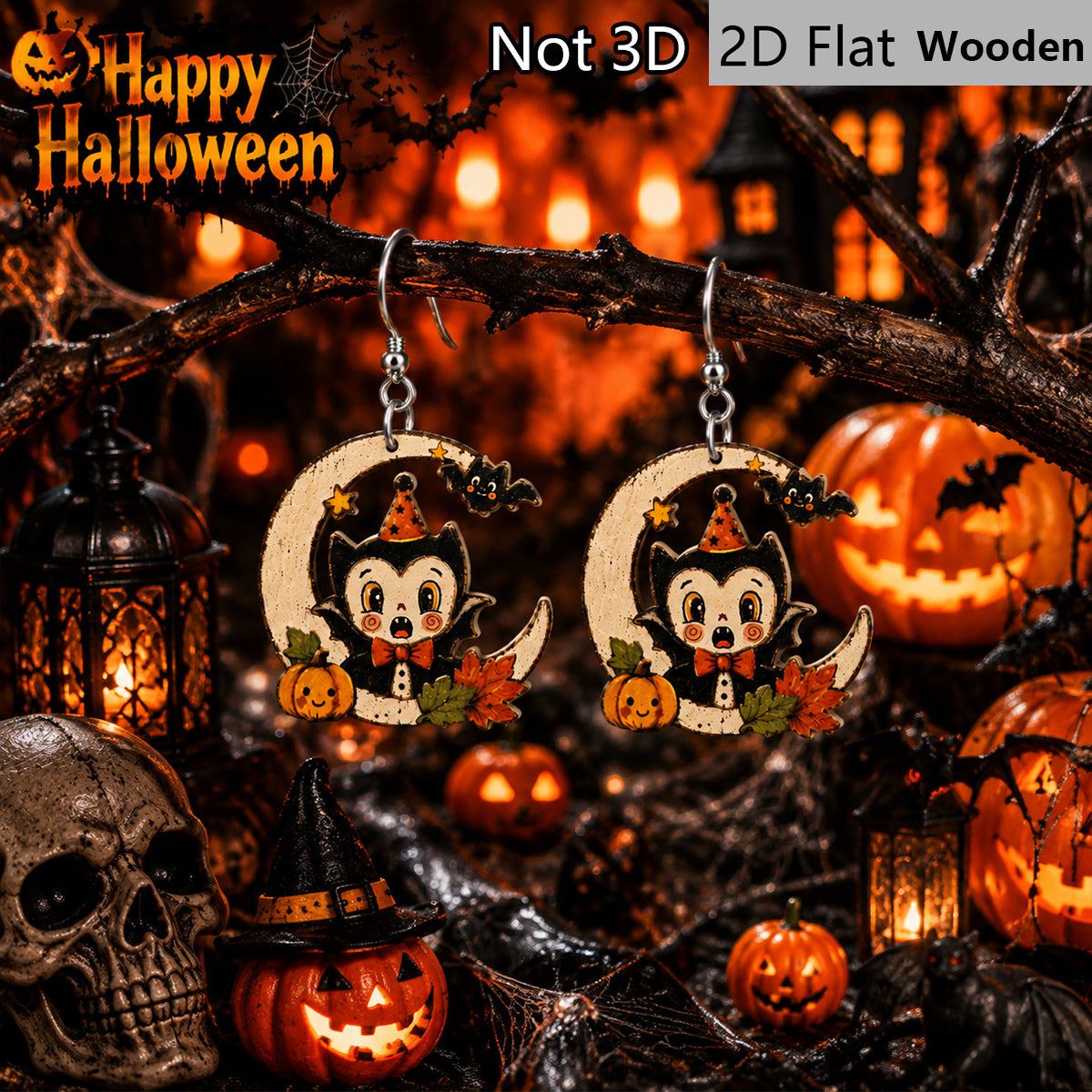 Wholesale  Wooden Earrings Trendy Bat Pumpkin Maple Leaf Painted Drop Earrings Fall Jewelry Gift For Women Boutique Resale Accessory