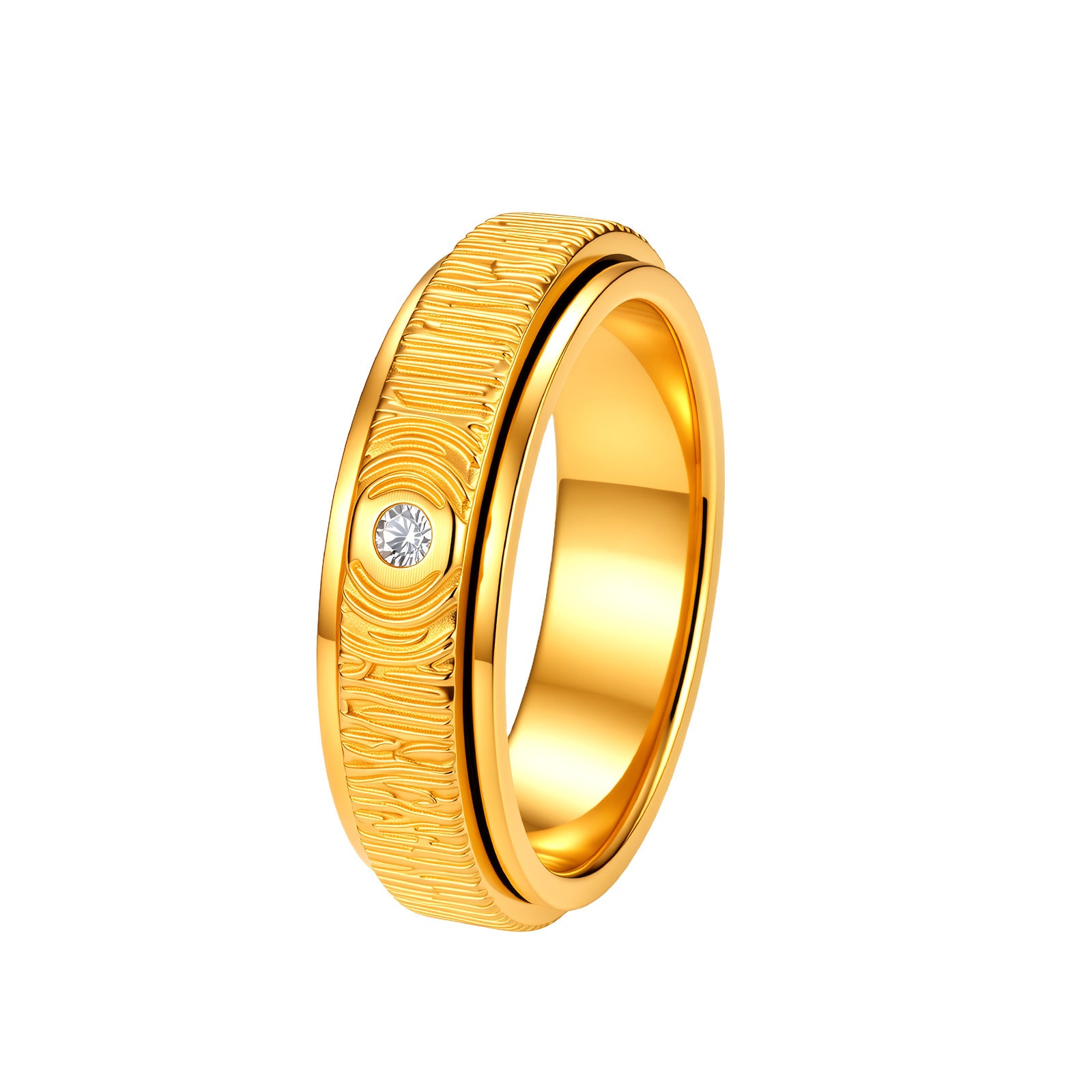 Wholesale Vintage Wood Grain Rotatable Ring Stainless Steel Gold Plating Fashion Jewelry Accessory