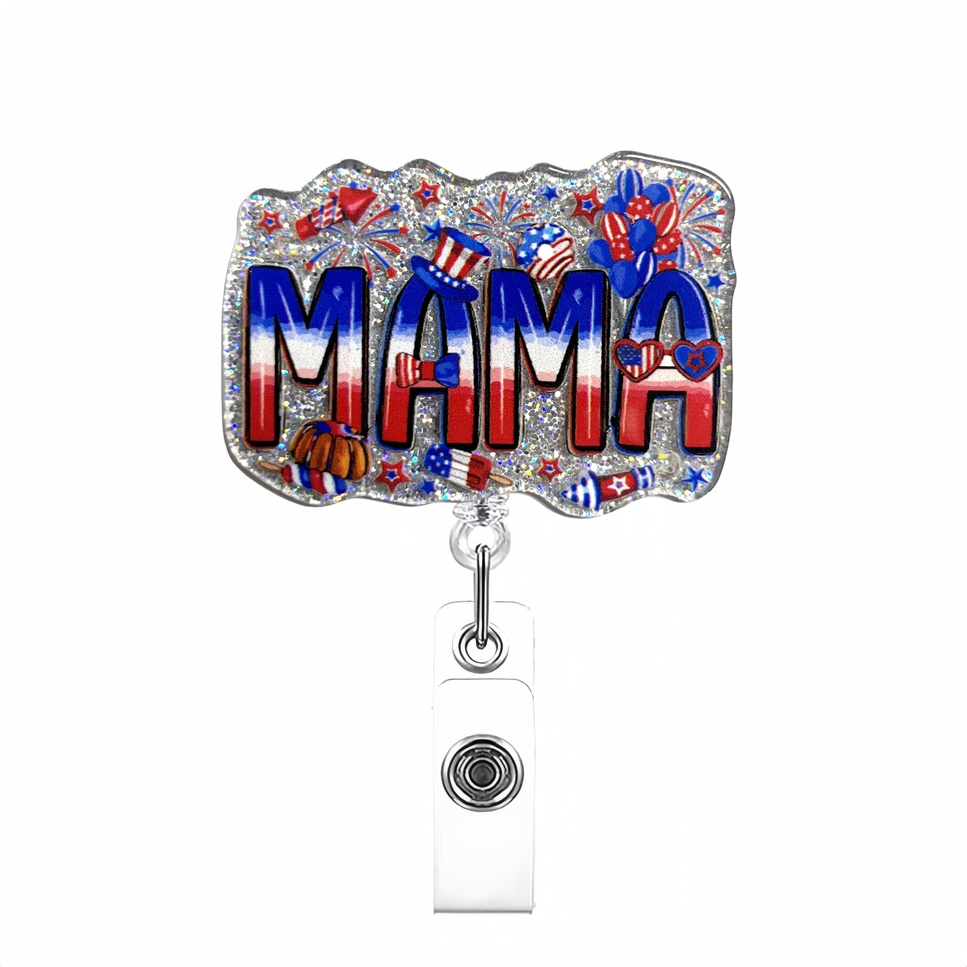 Wholesale Acrylic Glitter Independence Day Badge Reels Keychains