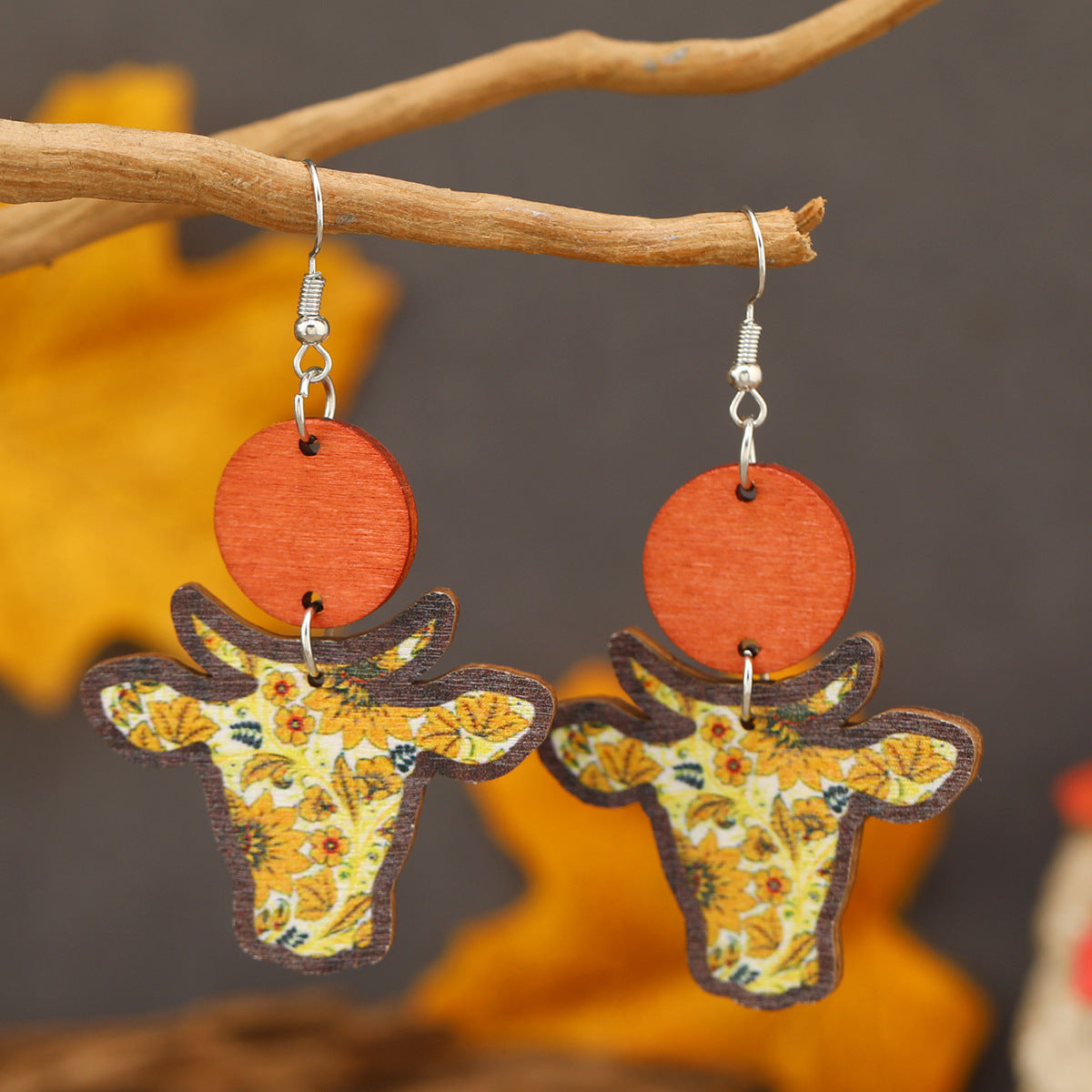 Wholesale Western Wind Cow Head Cow Pattern Leopard Pattern Sunflower Wooden Earrings