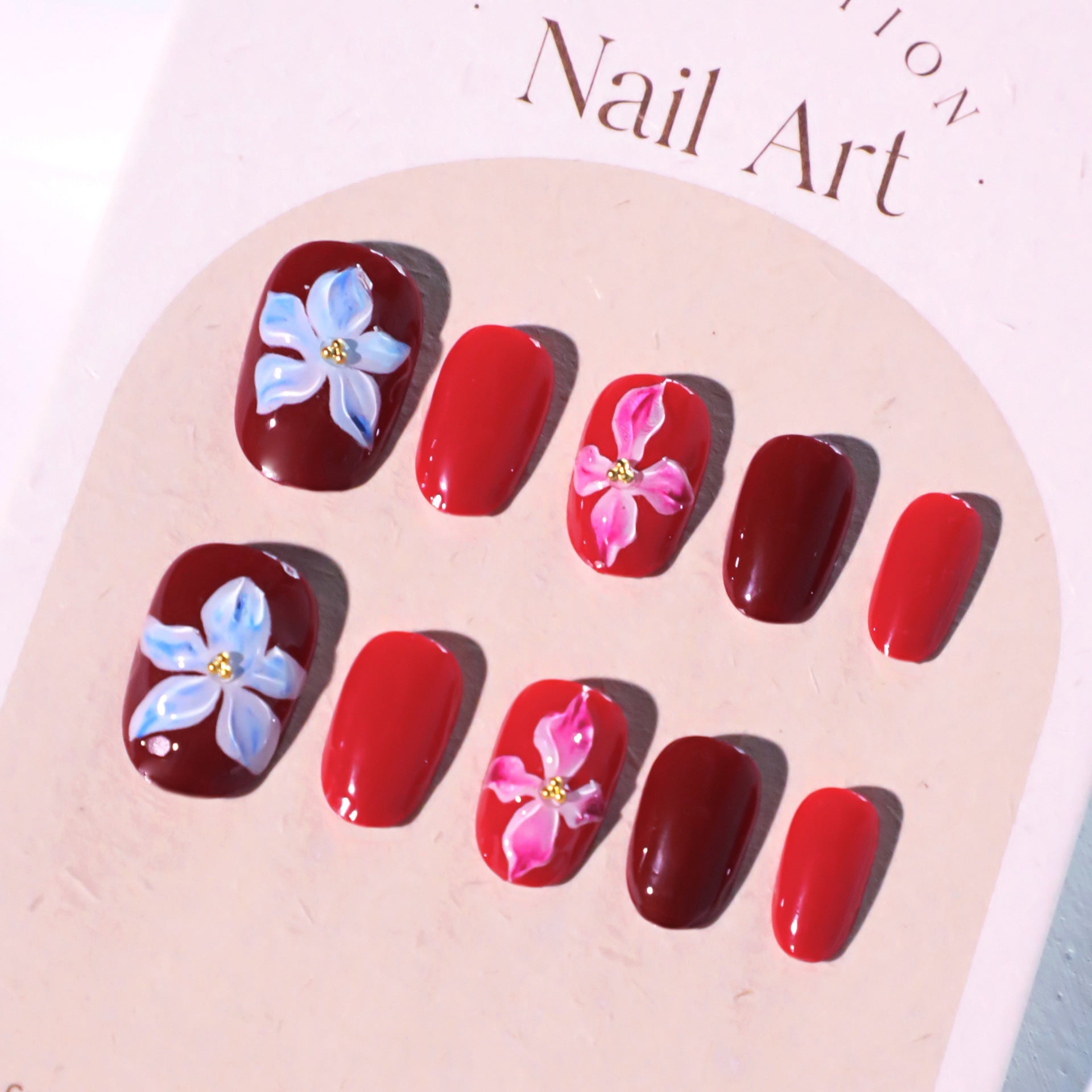 Wholesale 24 Pieces/box Burgundy 3D Flowers Bow Nails Kits Nail Stickers