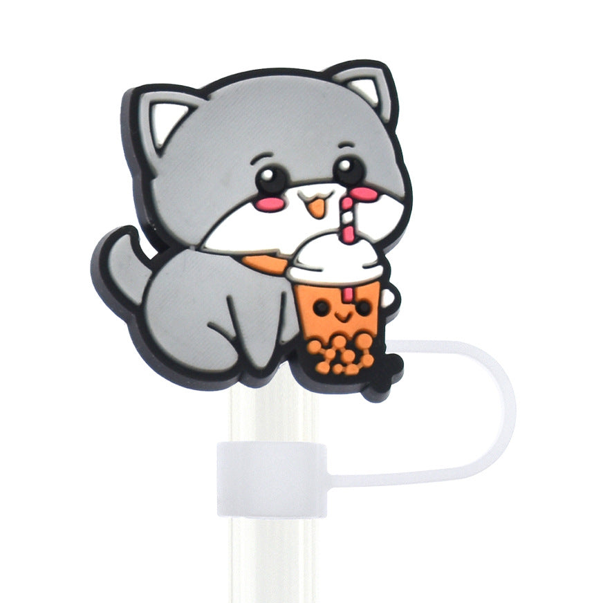 Wholesale Random 100pcs Cartoon Animal Milk Tea Cup 10mm PVC Soft Straw Tube Cap ACC-SCR-RYY084