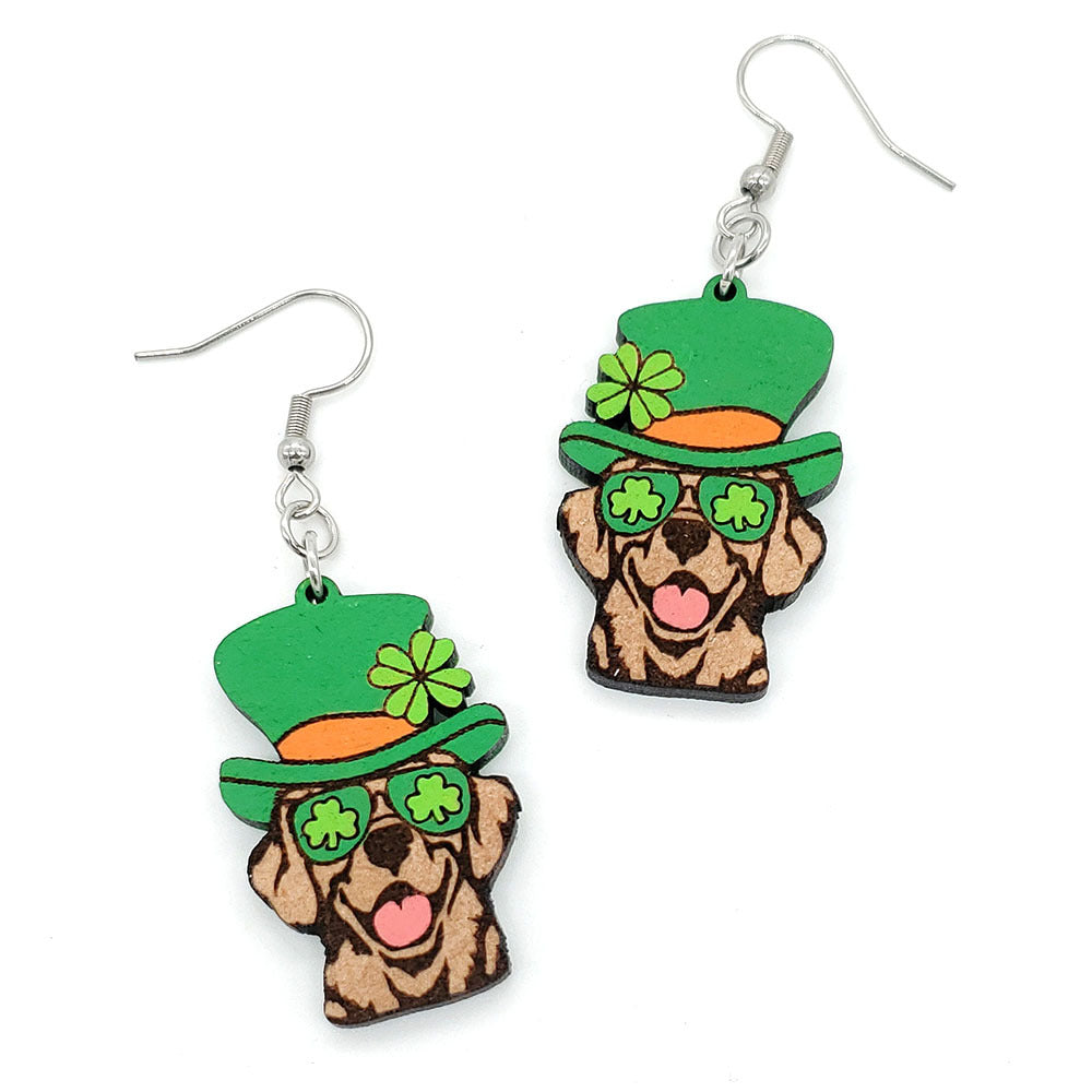 Wholesale 5pcs St. Patrick's Day Dog Cat Wooden Earrings