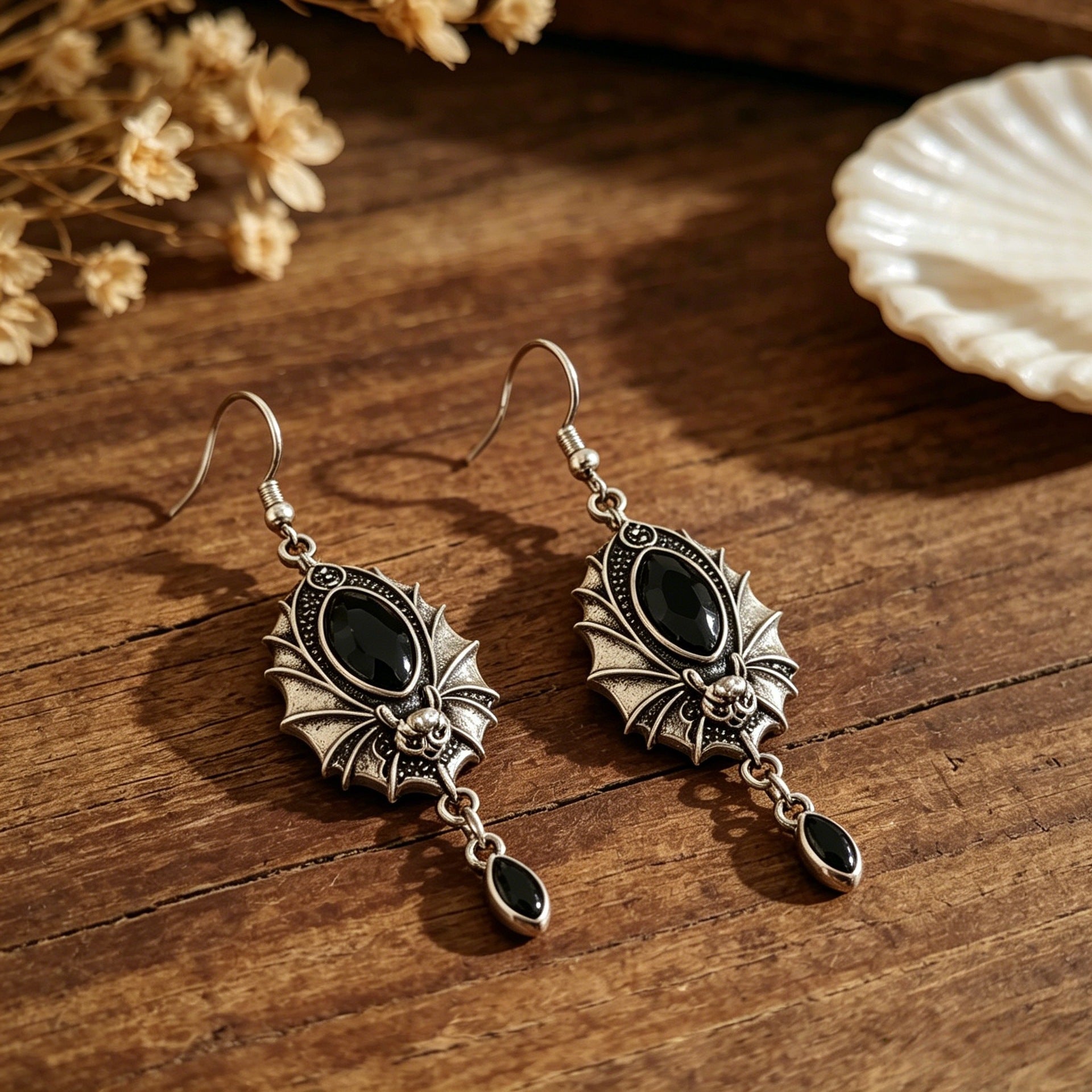 Wholesale Antique Silver Plated Bat Earrings,  Black Crystal Gothic  Witch Style,  Boutique Resale Jewelry Accessory