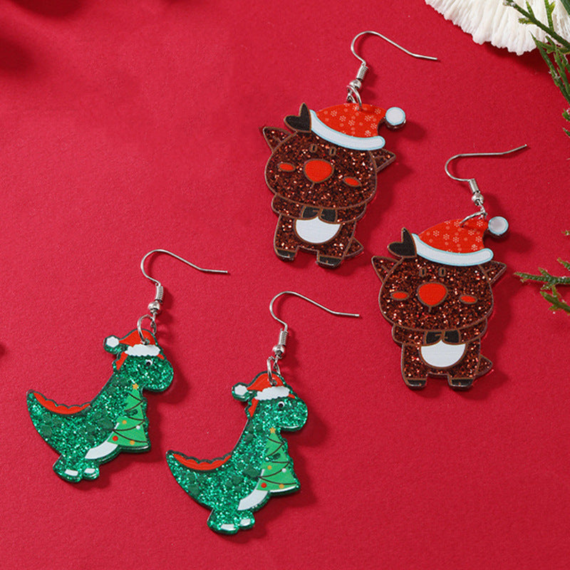 Wholesale  Christmas earrings fashion Christmas hat elk dinosaur acrylic printed earrings