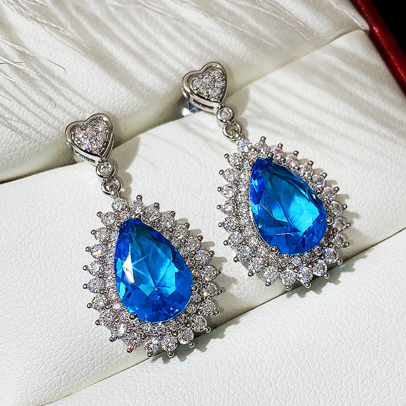 Wholesale Water Drop Blue Zircon Blue Gemstone Earrings