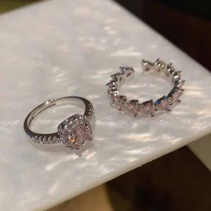 Wholesale Sugar Cube Pink Ring~Zirconia Diamond-Studded High-End Luxury Open-Ended Index Finger Ring with Row of Diamonds and Heart-Shaped Stackable Rings for Women