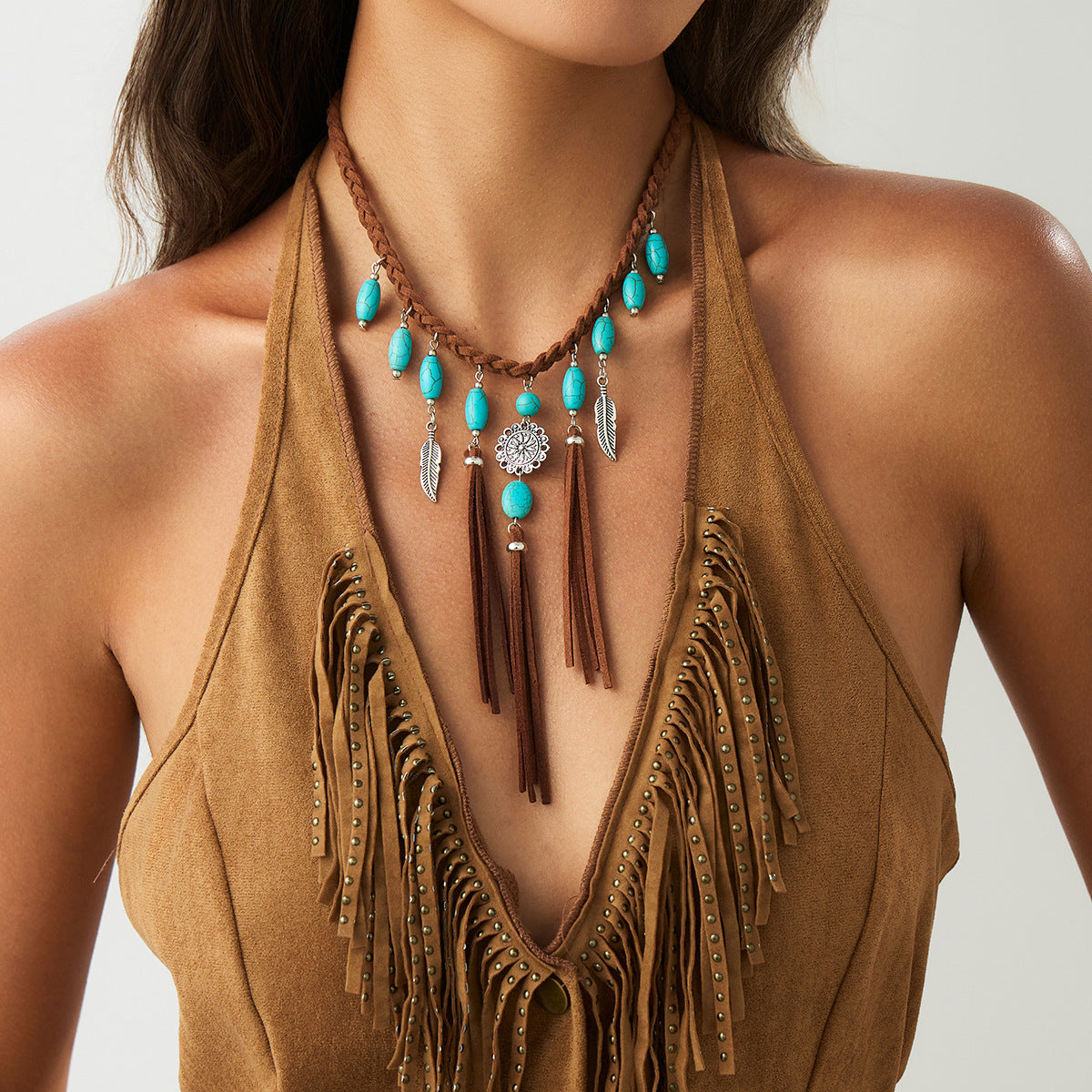 Wholesale Bohemian Ethnic Turquoise Pendant Tassel Necklace Layering Jewelry Boutique Resale