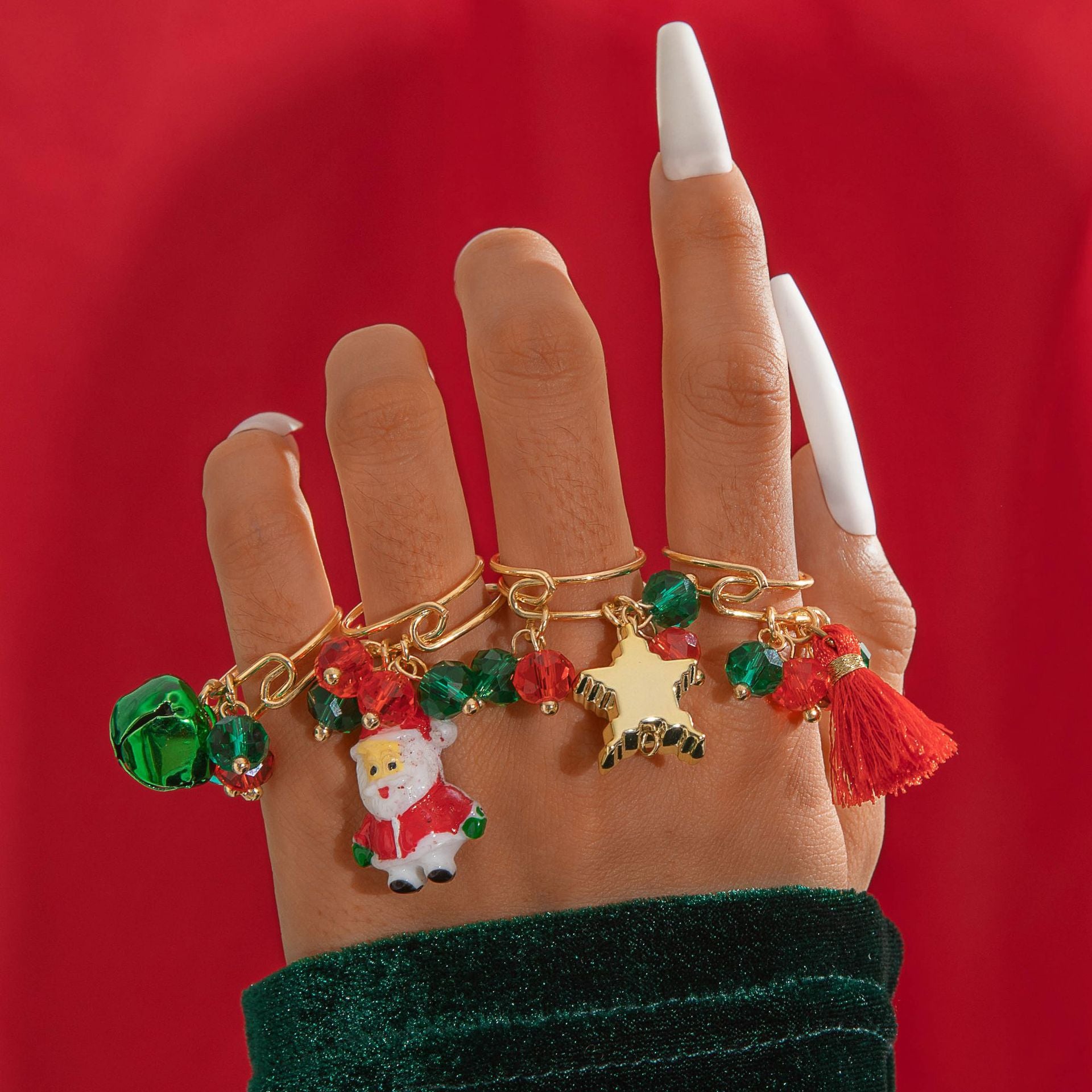 Wholesale  Elk Crutch Three-Piece  Christmas Cute Bell Animal Pendant Ring suit