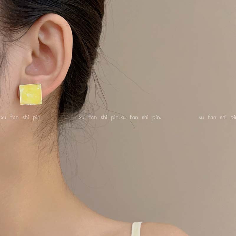Wholesale yellow oil painting square ear clip earrings