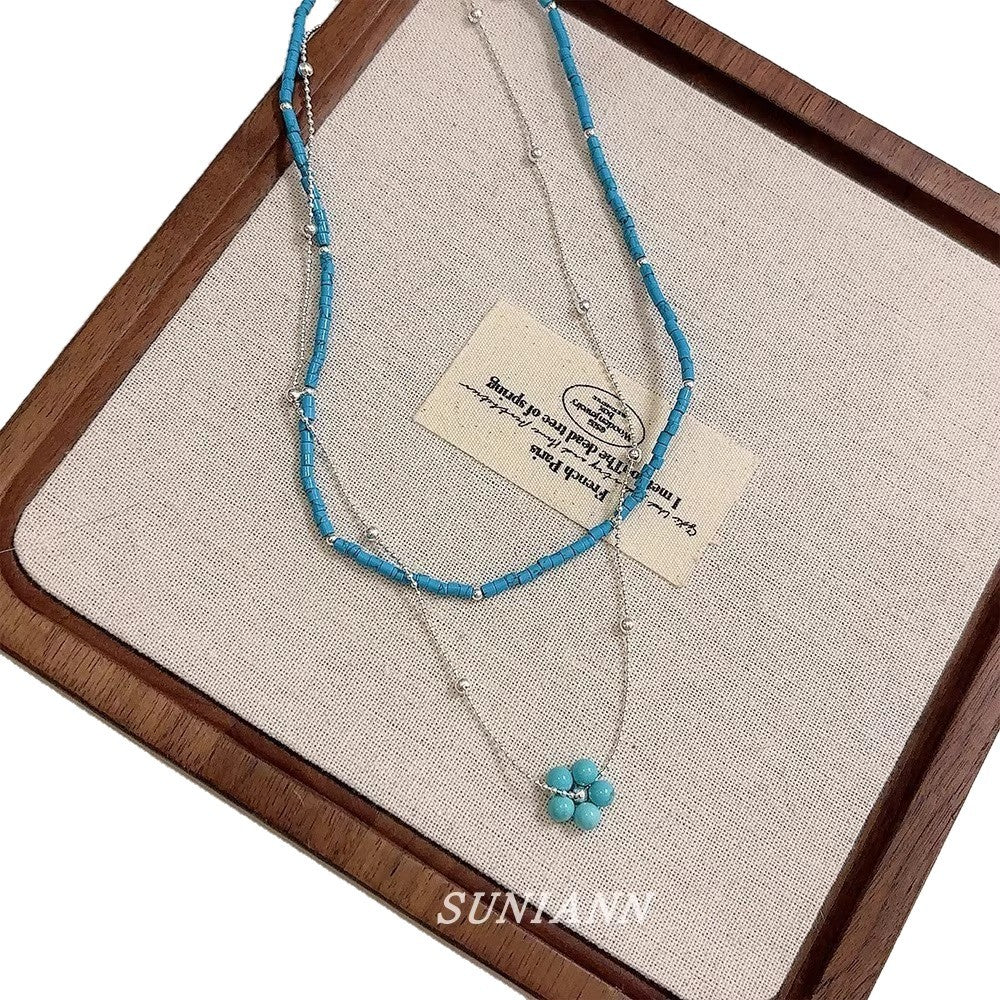 Wholesale Pastoral Style Turquoise Flower Necklace,  Fresh Layered Collarbone Chain Jewelry Accessory for Boutique Resale