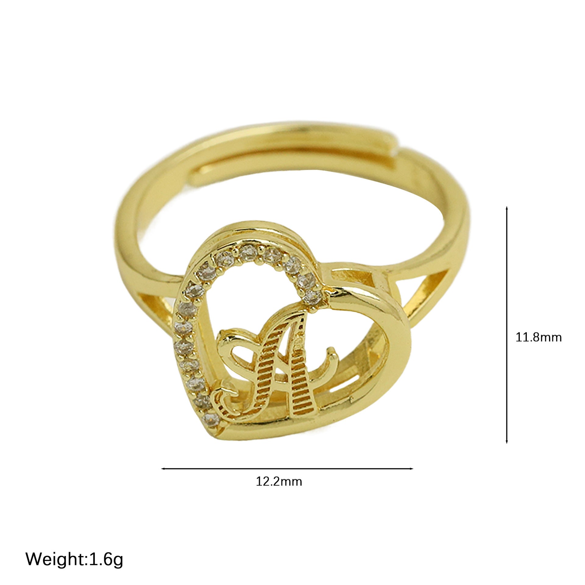 Wholesale  white gold heart-shaped love texture hollow 26 grass English letters open heart ring