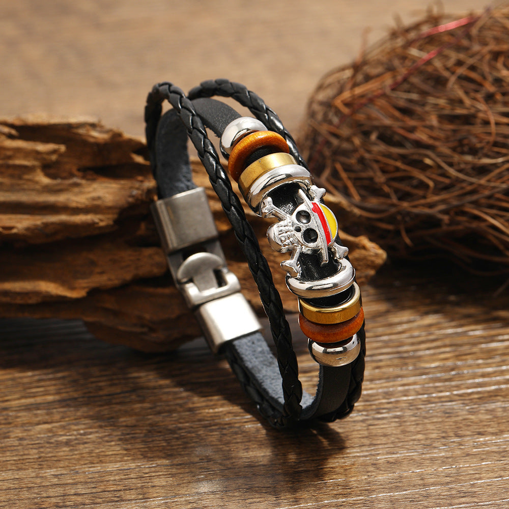 Wholesale Punk Skull Beaded Leather Bracelet Unisex Handmade Jewelry Accessory Gift