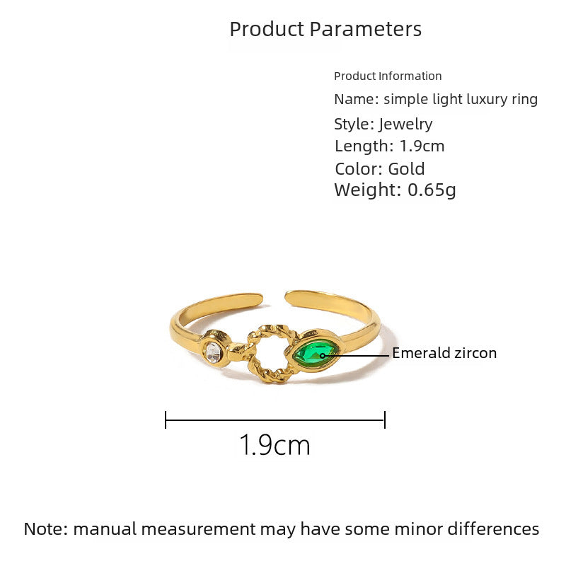 Wholesale zircon titanium steel ring  light luxury all-Match 18K gold plated open ring