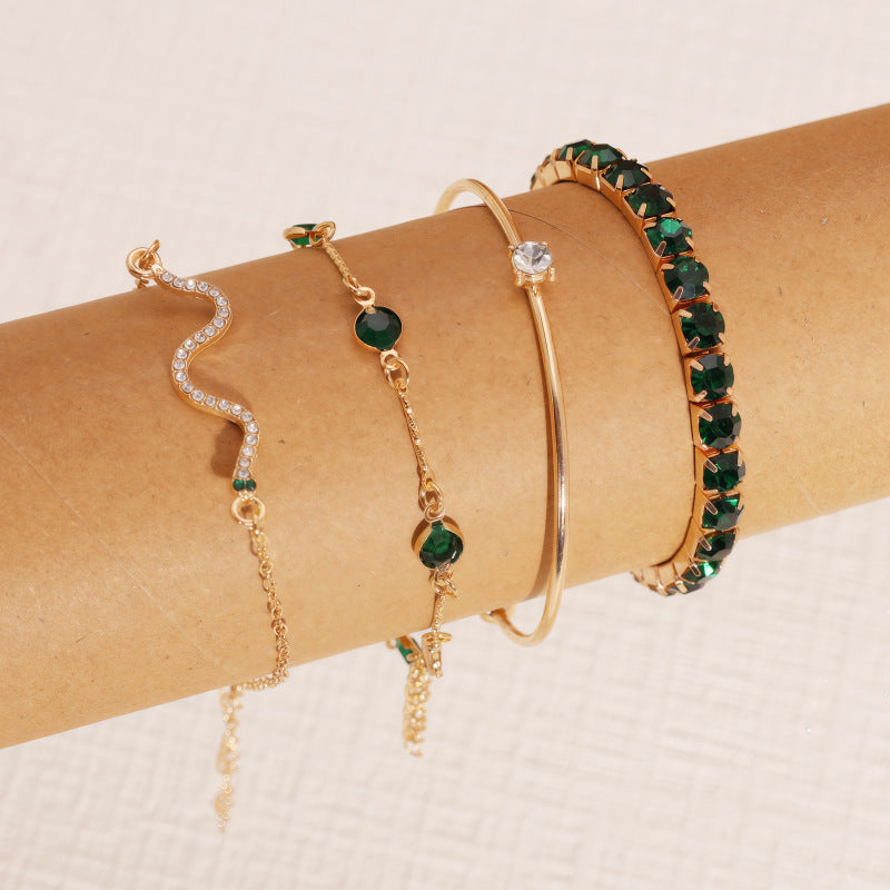 Wholesale Alloy Snake Bracelet Set Retro Emerald Green Rhinestones Fashion Accessory Gift