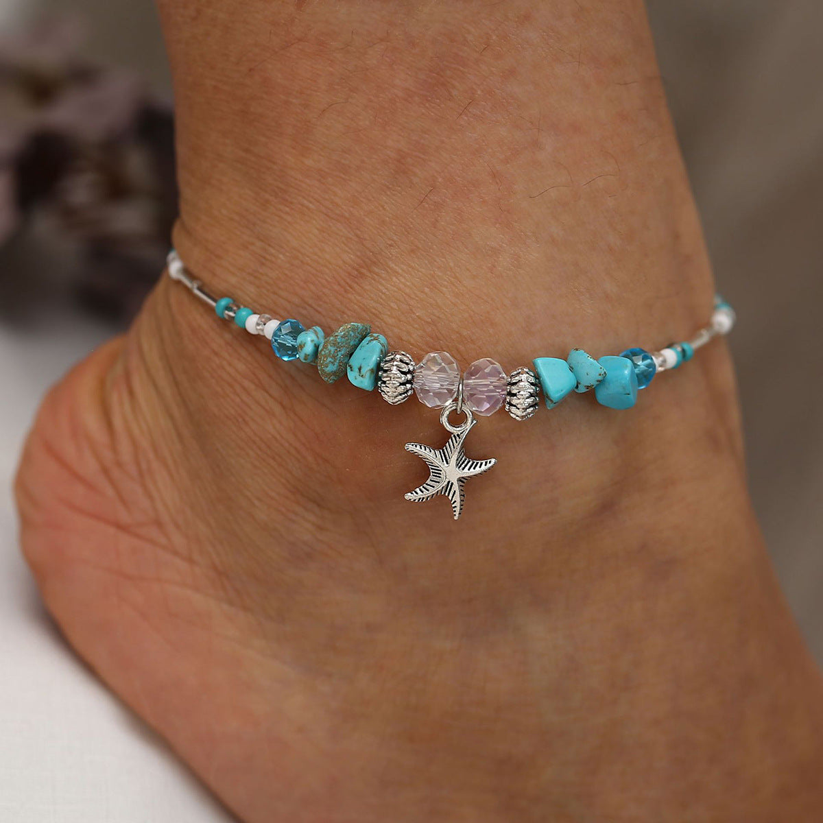 Wholesale  Beach Holiday Style Rice Bead Foot Chain Turquoise Pipe Bead Starfish Pendant  Anklets