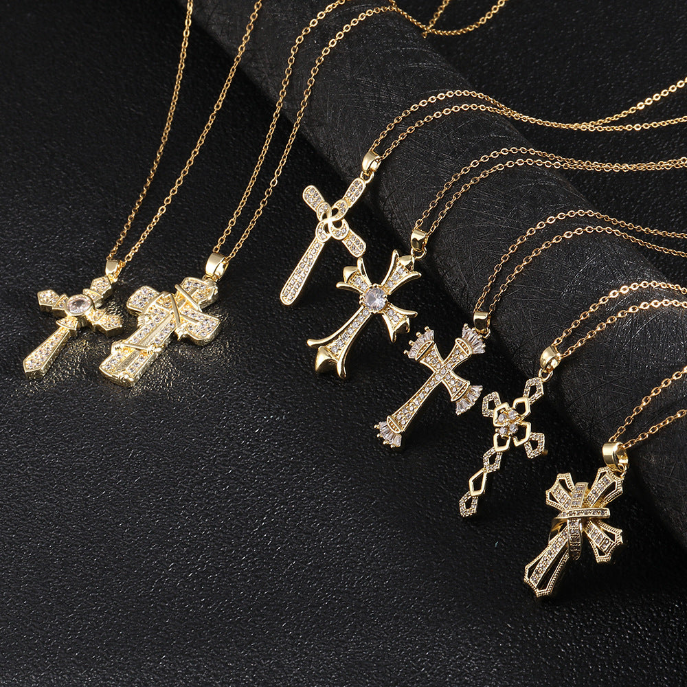 Wholesale Copper Electroplated Zircon Cross Pendant Necklace For Women Fashion Jewelry Accessory Gift