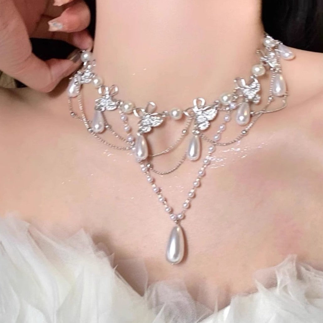 Wholesale Fairy Butterfly Multi-Layer Tassel Pendant Pearl Necklace Fashion Layering Jewelry for Boutique Resale
