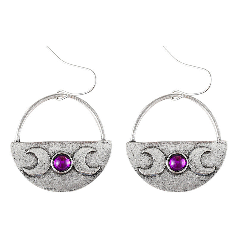Wholesale retro semicircle double moon inlaid gem earrings