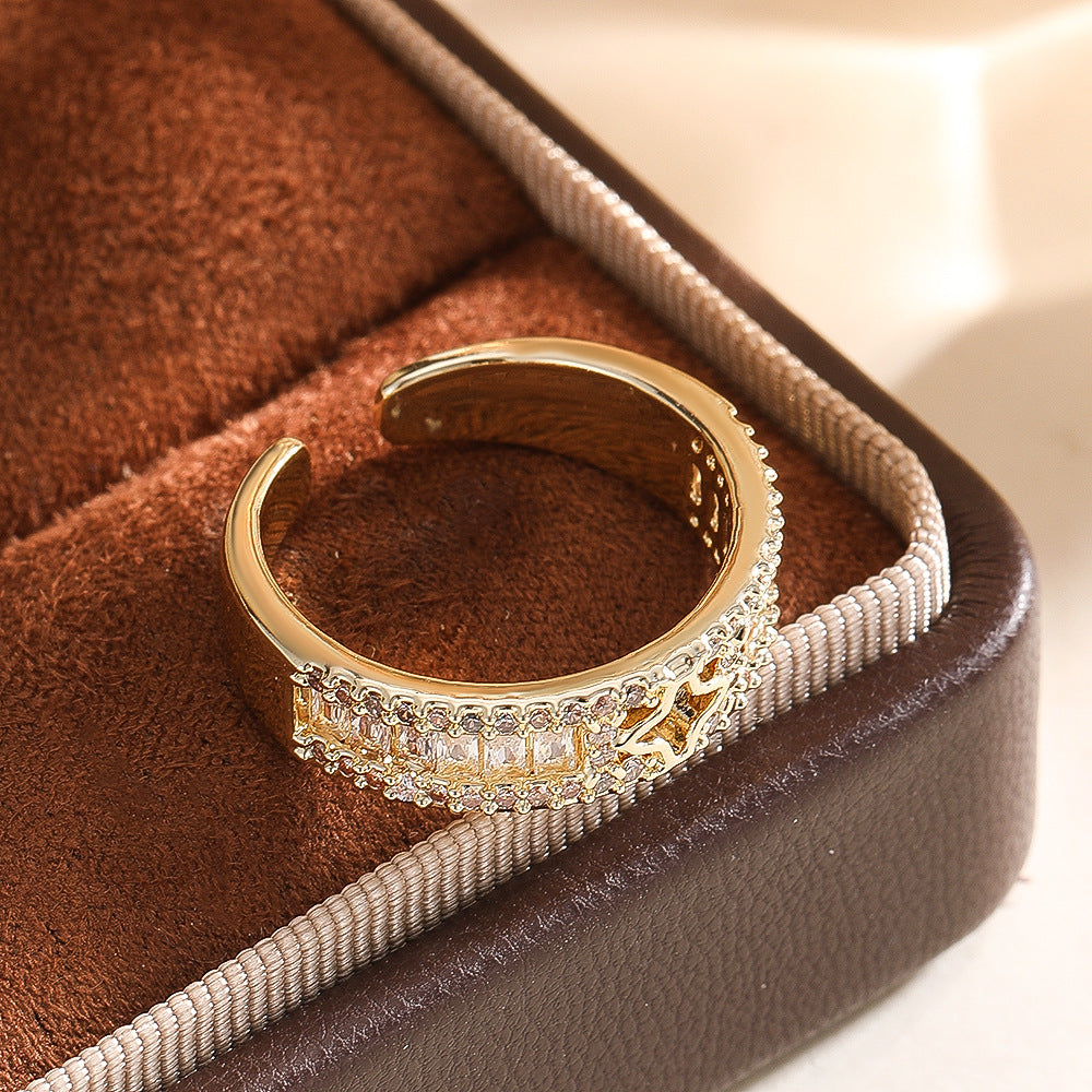 Wholesale Gold C Shape Round Bead Ring Open Adjustable Copper Zircon Jewelry Accessory Trendy Boutique Gift