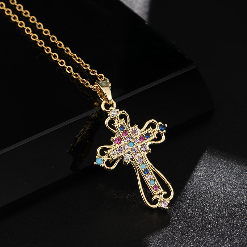 Wholesale Stylish Cross Pendant Necklace Colored Zircon Copper Electroplated Fashion Jewelry Accessory For Boutique Resale