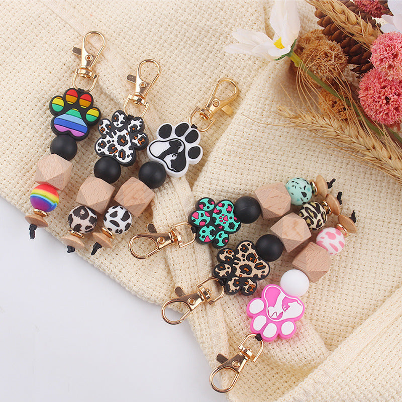 Wholesale Cartoon Rainbow Leopard Print Dog Paw Silicone Beaded Keychain ACC-KC-GuangTian072