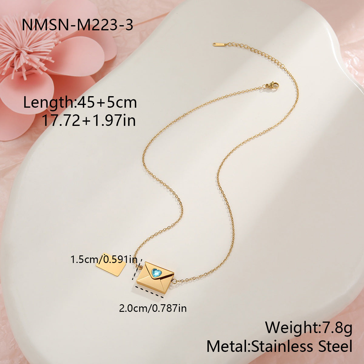 Wholesale Stainless steel 18K gold plated envelope heart-shaped diamond necklace