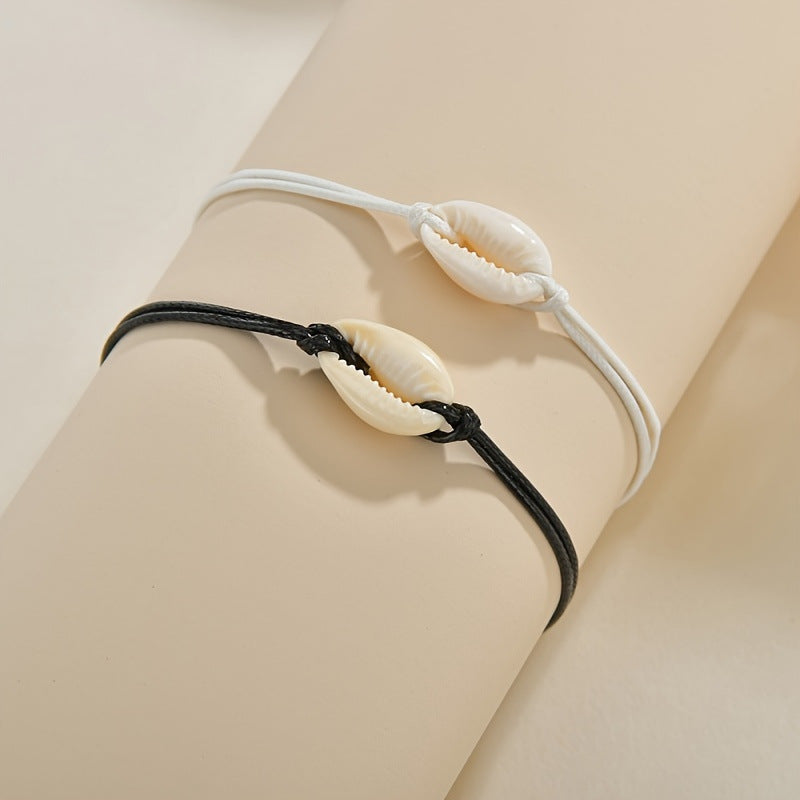 Wholesale  ocean style shell white black braided rope adjustable card ladies bracelet