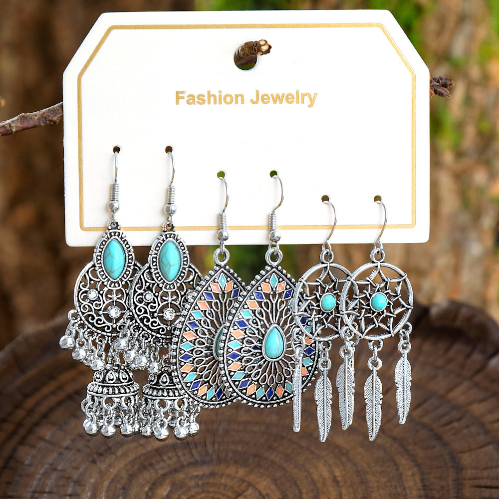 Wholesale European and American Cross-Border Hot Selling New Turquoise Earrings Set Fashion Ethnic Holiday Style Earrings Earrings Manufacturer