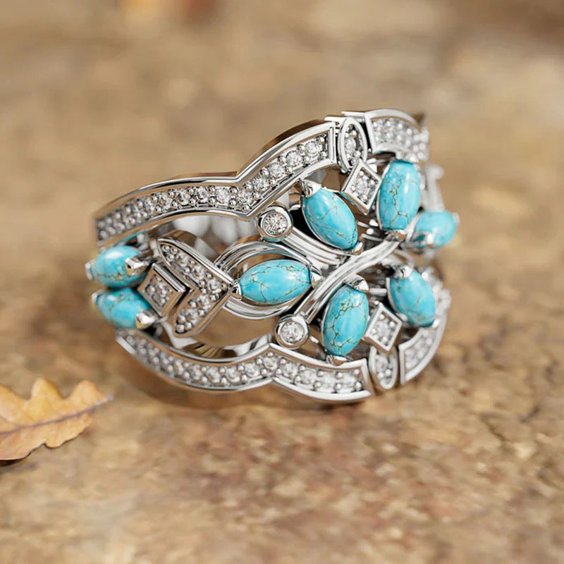 Wholesale New ethnic-inspired exotic ring,  delicate marquise floral design,  niche retro and artistic ring band.