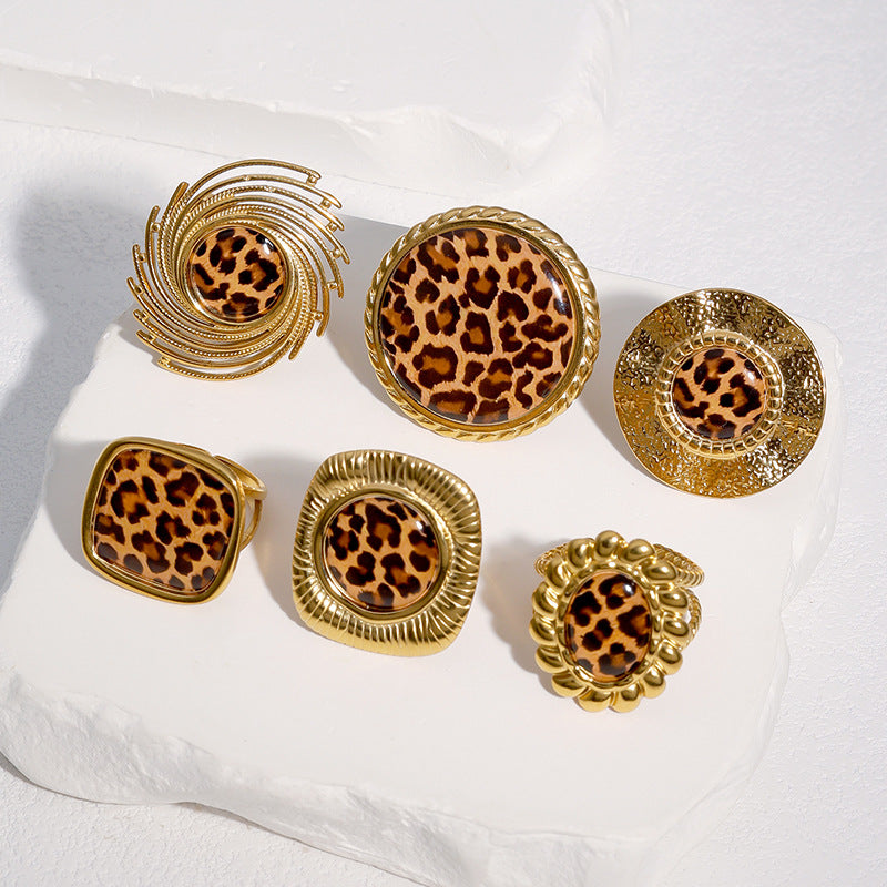 Wholesale Stylish Stainless Steel Open Ring For Women Leopard Print Wide Band Adjustable Jewelry Accessory