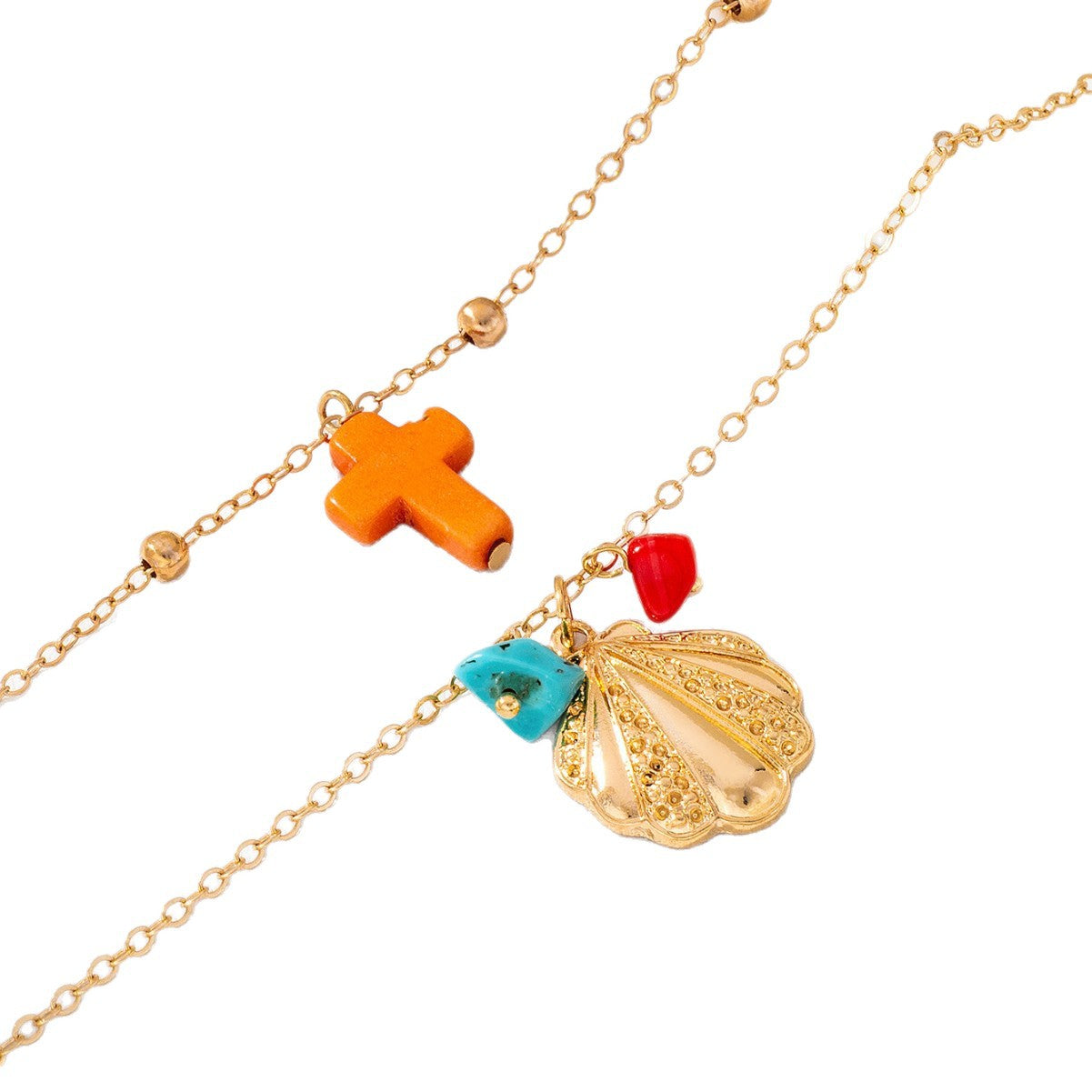 Wholesale Stylish Gold Double Layer Bead Chain Necklace With Colorful Cross Shell Pendant Casual Beach Layering Jewelry For Resale