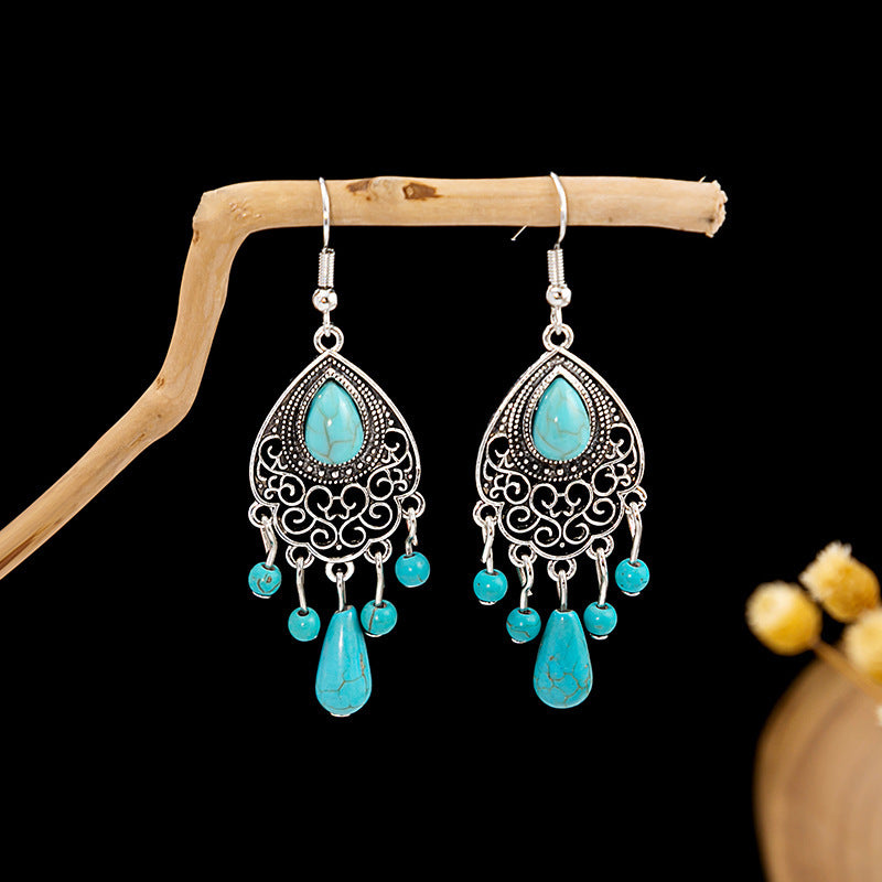 Wholesale retro ethnic style hollow flower tassel turquoise owl alloy earrings ACC-ES-MDD009