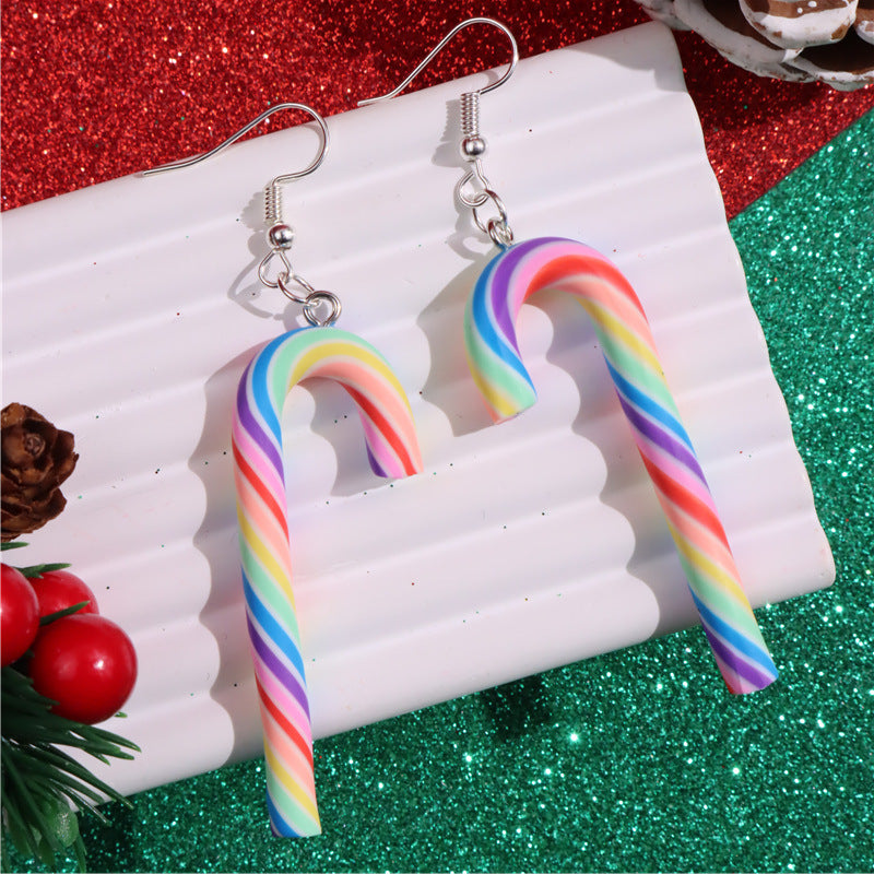 Wholesale  Soft Clay Large Candy Cane Christmas Colorful Rainbow Earrings