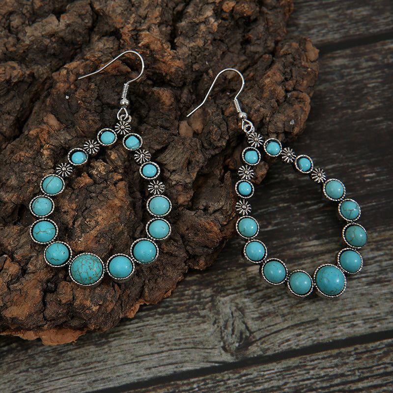 Wholesale Silver Alloy Geometric Hollow Turquoise Drop Earrings Ethnic Style Fashion Jewelry Accessory