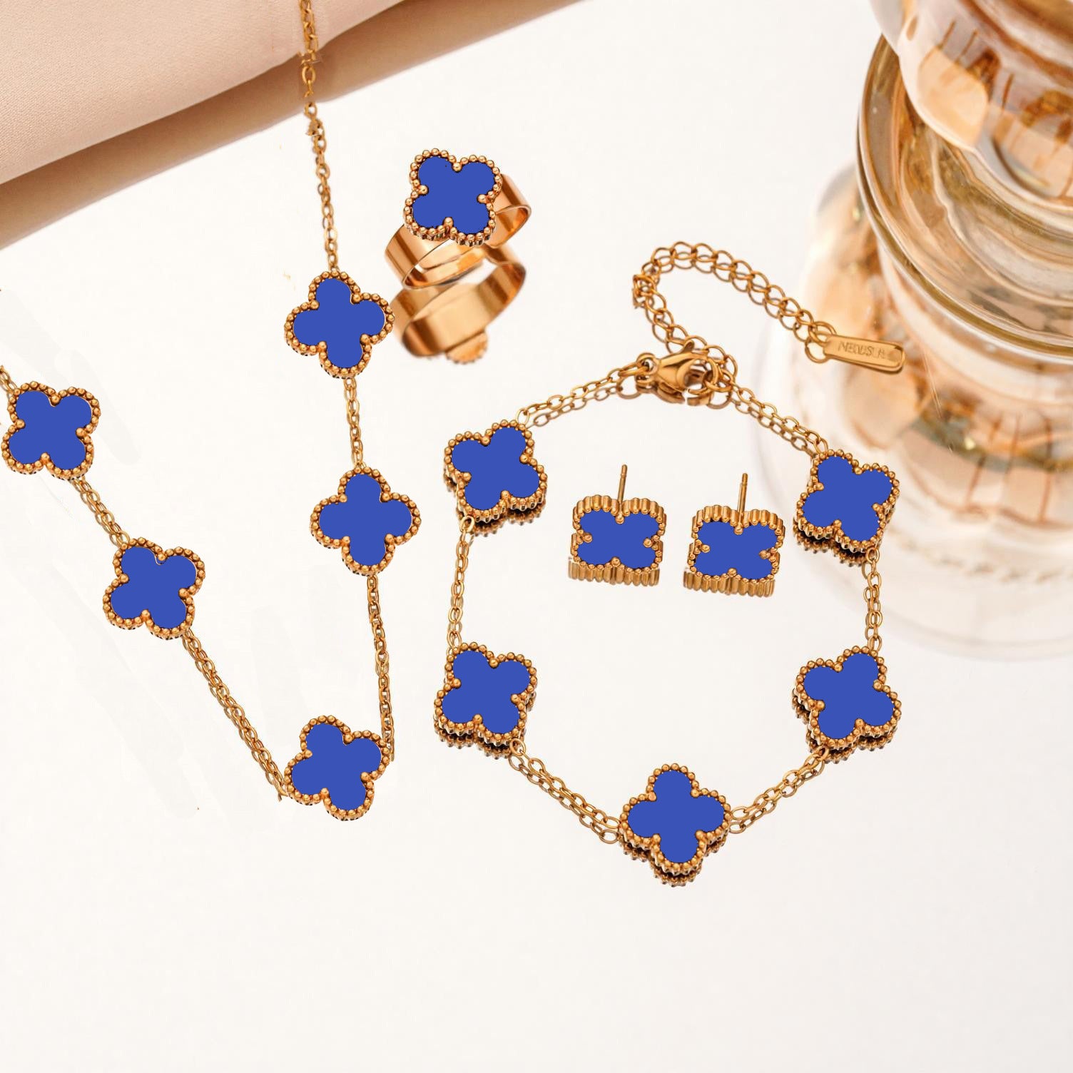 Wholesale Women S Black Four Leaf Clover Jewelry Set Titanium Steel Necklace Earrings Bracelet Brooch Trendy Everyday Fashion Accessory