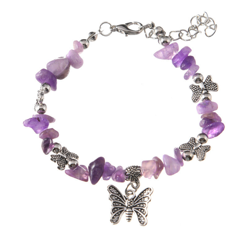 Wholesale Vintage Ethnic Mori Bracelet Niche Design Artistic Silver Amethyst Butterfly Bracelet Women' s New Chinese Accessories