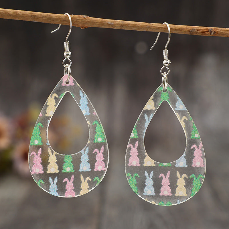 Wholesale  Easter hollow water drop printing cute rabbit acrylic ladies earrings