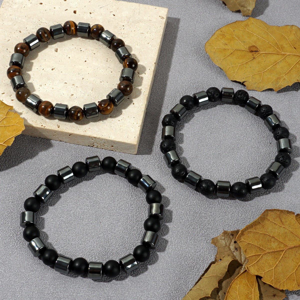 Wholesale Red Tiger Eye Natural Stone Beaded Bracelet Geometric Couple Style Elastic Jewelry Gift