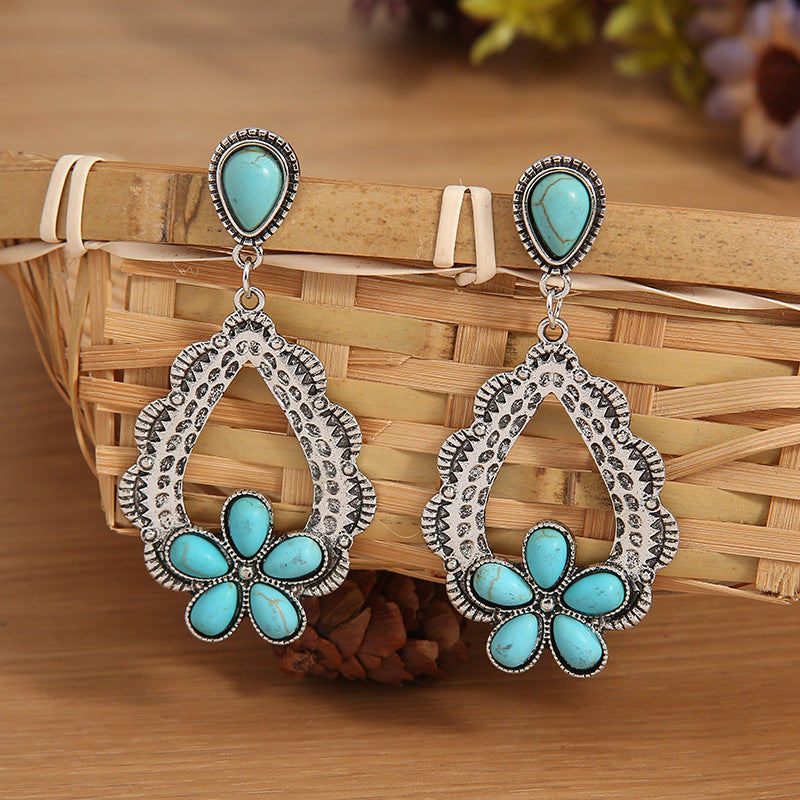 Wholesale Western Style Vintage Flower Turquoise Alloy Earrings ACC-ES-SaiPu004