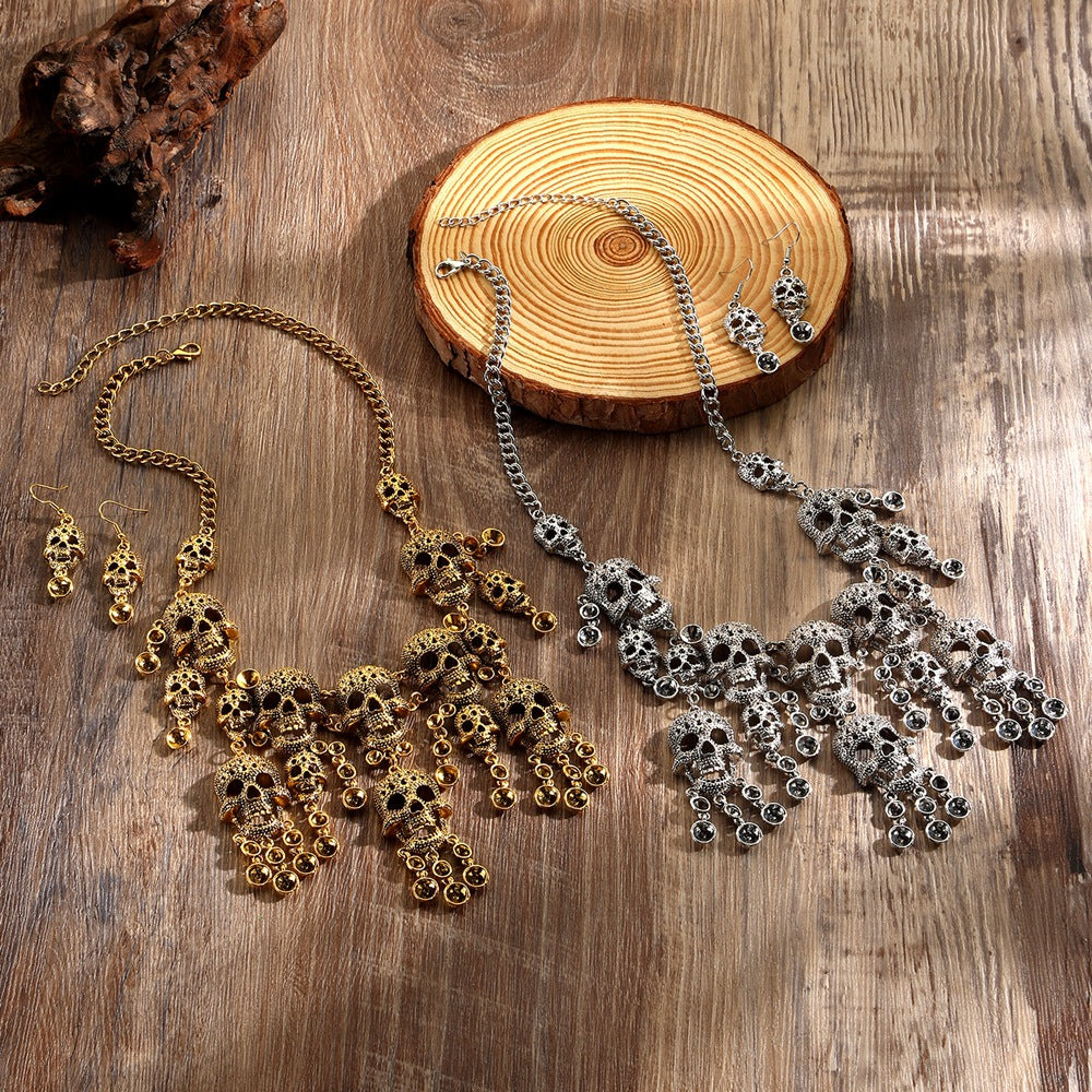 Wholesale Gold Tone Alloy Skull Jewelry Set - Punk Retro Necklace and Earrings for